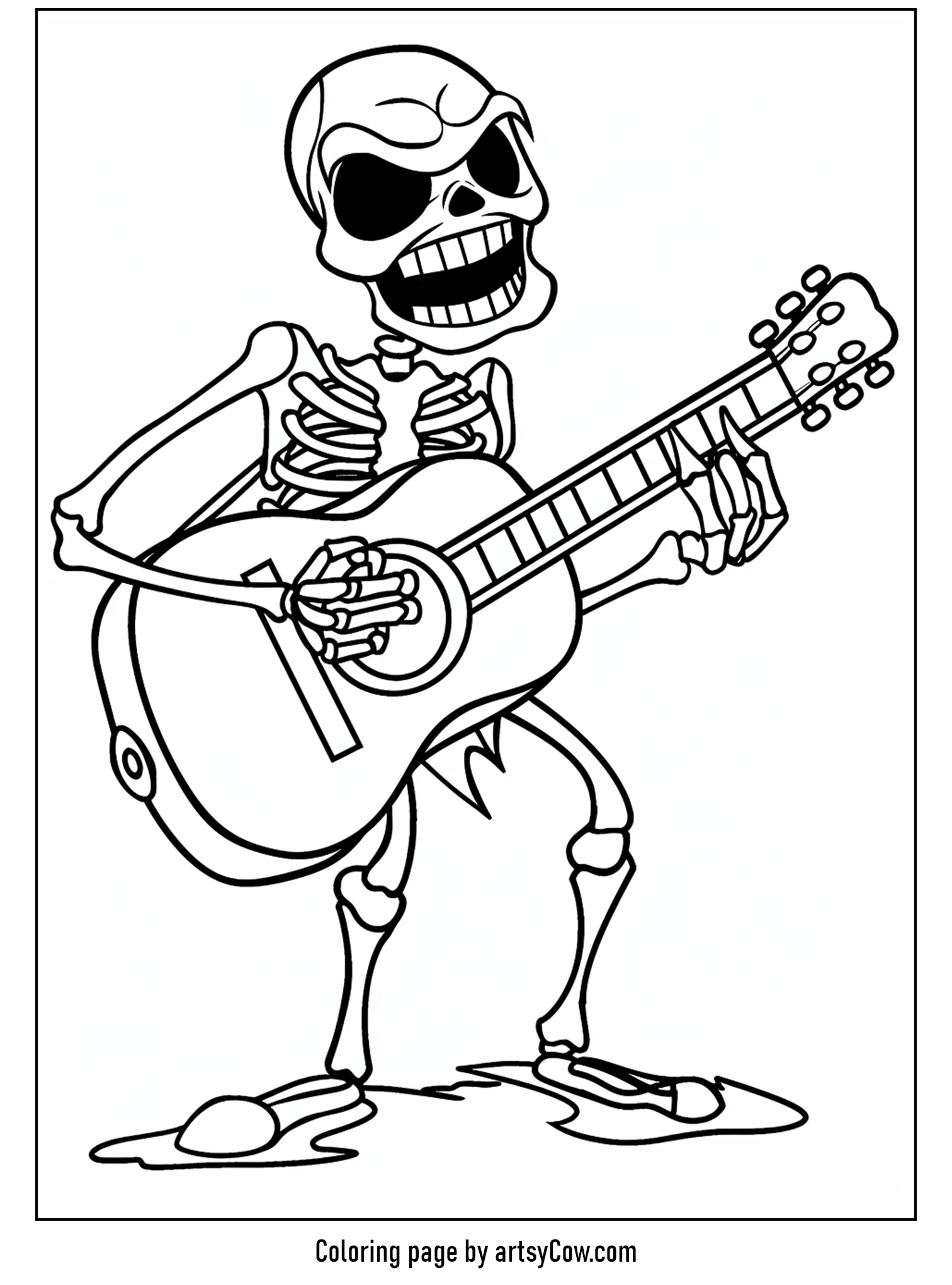 scary halloween coloring pages, featuring a skeleton joyfully playing a guitar